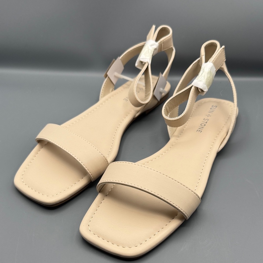 Sun + Stone Beige Ankle-Strap Flat Sandals